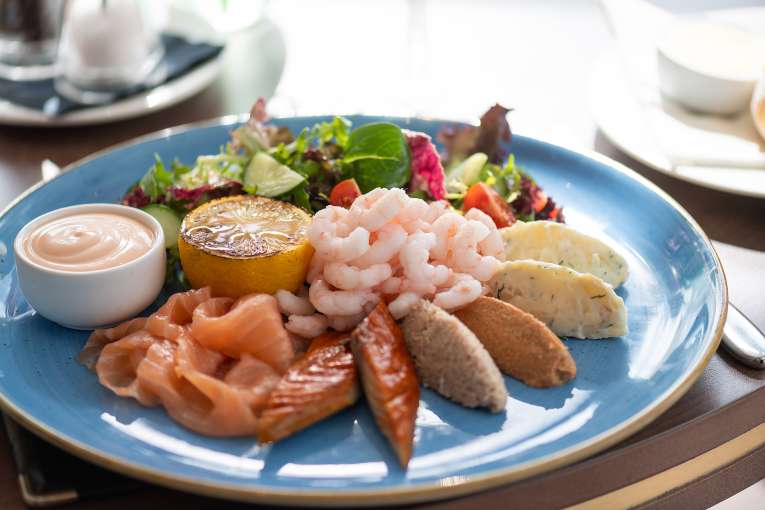 Fish platter with salmon and prawns in The Horizon Restaurant