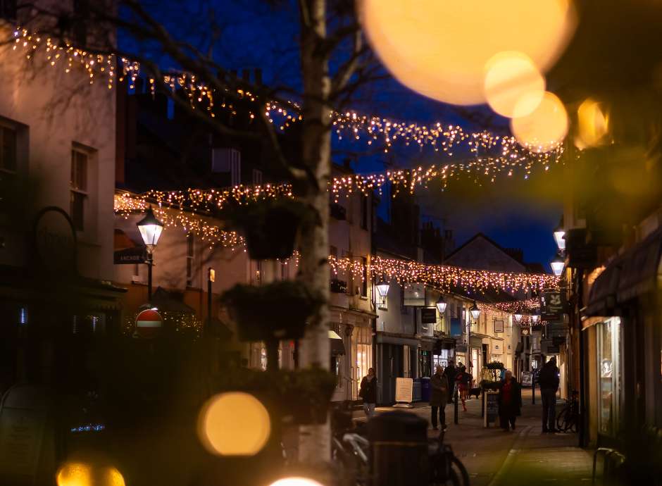 Sidmouth High Street with Festive Lights at Evening