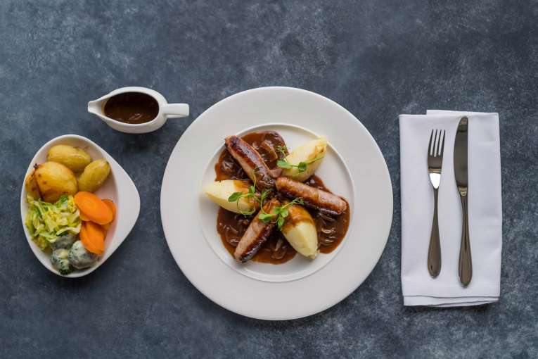 Belmont Hotel Restaurant Dining Sausages with Mash and Seasonal Vegetables